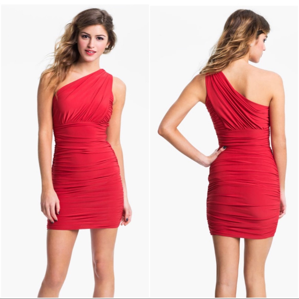 One-shoulder red mini dress